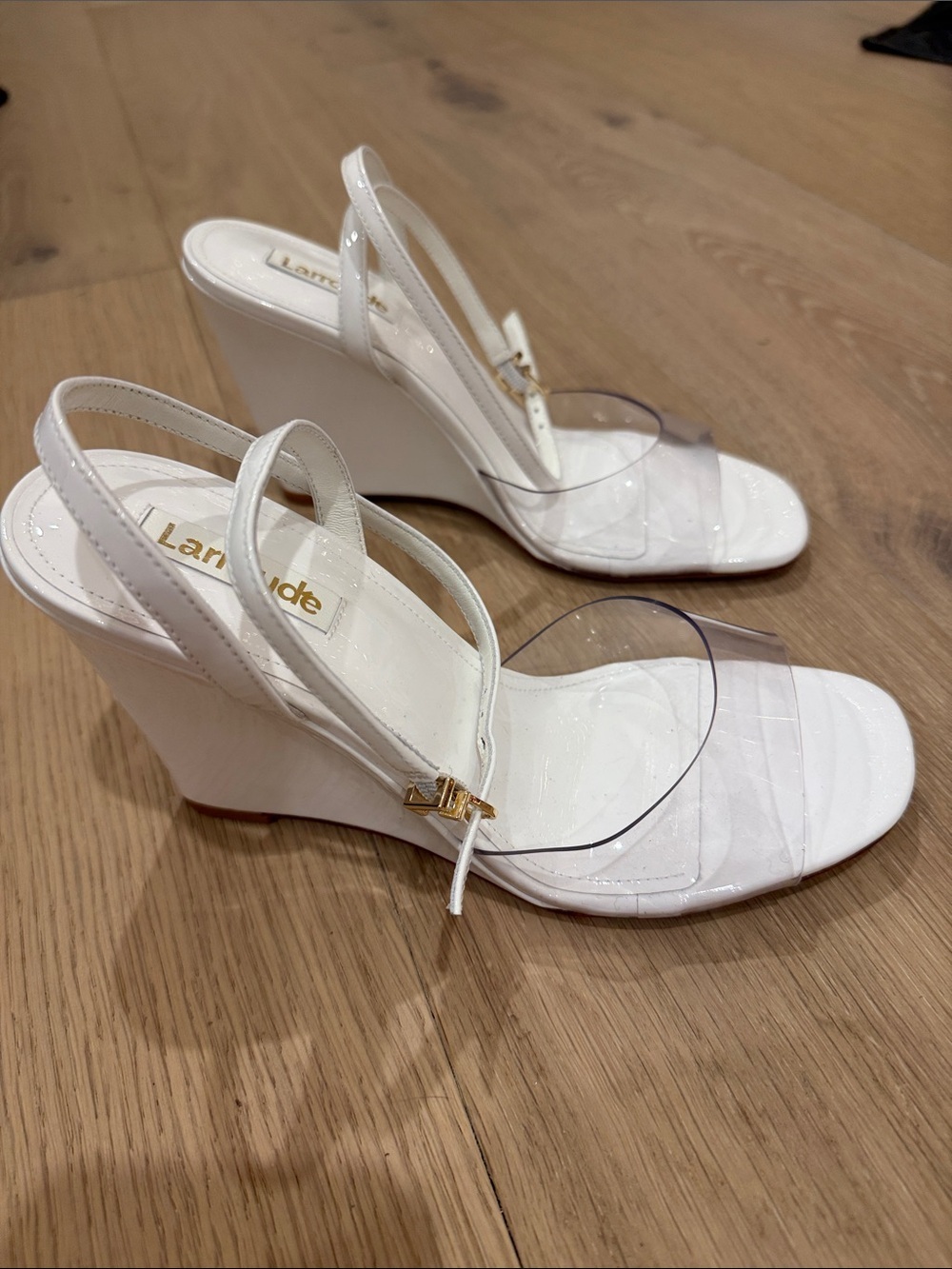 Larroude White PVS Yves pattern leather wedges